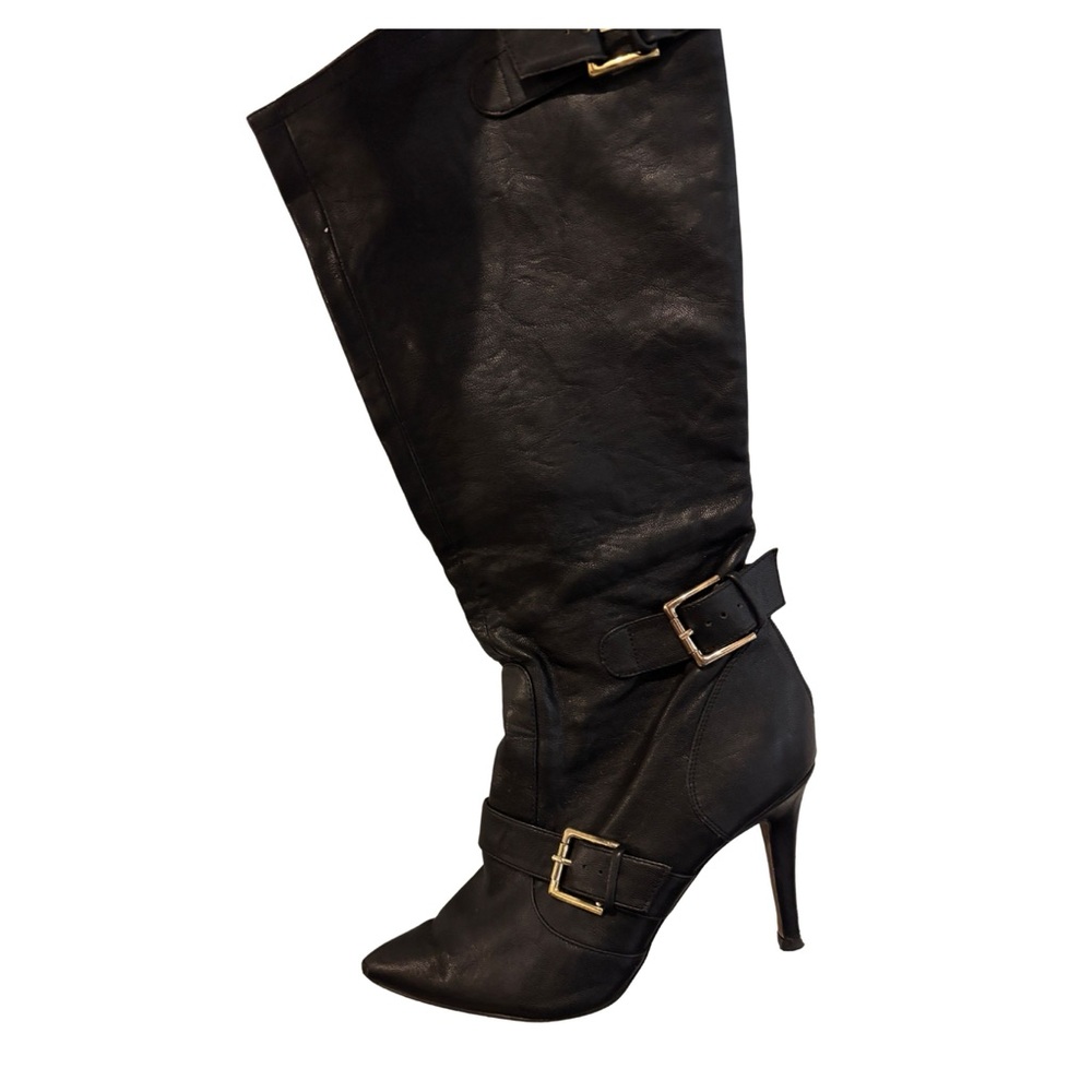 Amaya Black Heeled Boots with Gold Buckles